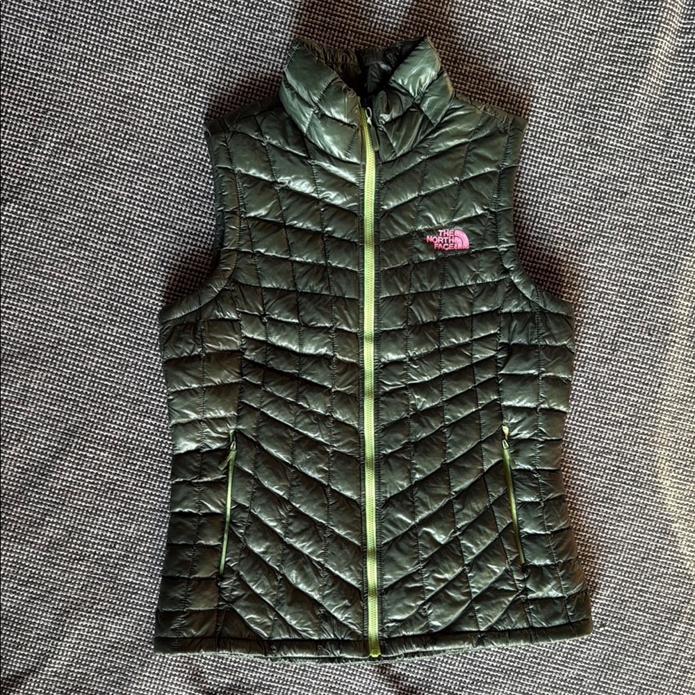 The North Face Dark Green Quilted Vest with Lime Zipper